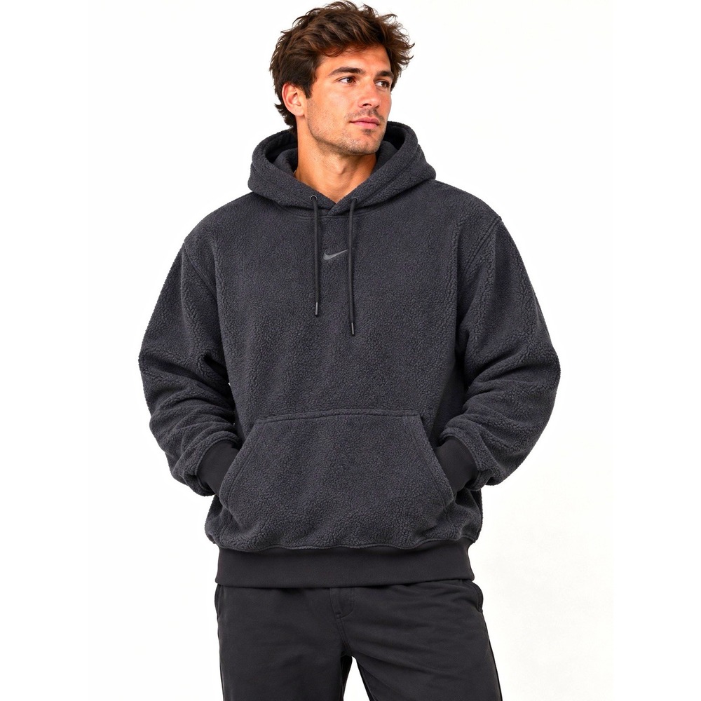 Nike Mens Black Sherpa Fleece Pullover Hoodie Center Swoosh Kangaroo Pocket Sz M